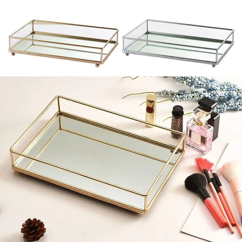 

Nordic Retro Storage Tray Gold Rectangle Glass Makeup Organizer Tray Dessert Plate Jewelry Display Storage Box