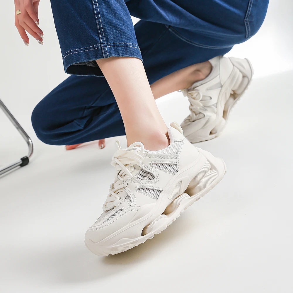 SOMILISS Women Chunky Sneakers Genuine Leather Mesh Round Toe Lace Up Ladies Spring Summer Breathable Soft Platform Casual Shoes