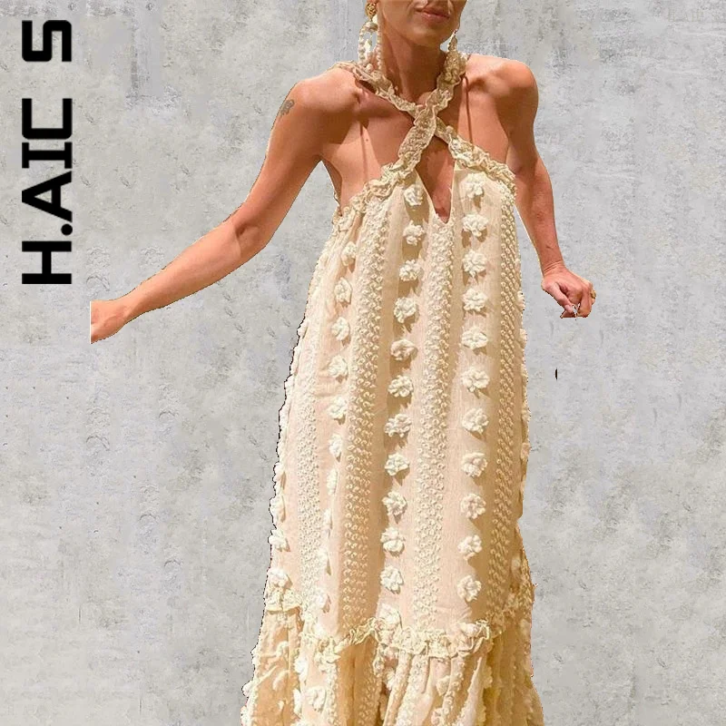 

H.Aic S Women New Dress Chic Sweet Dress Sleeveless Halter Maxi Summer Dress Streetwear Vintage Stylish Dresses Woman Female
