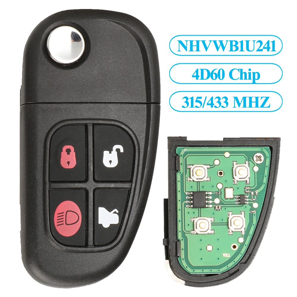 

Jingyuqin 4 Buttons Remote Control Flip Car Key 315/433MHZ 4D60 Chip For Jaguar X-Type S-Type 1999-2009 XJ XJR 2002-2008 NO Word