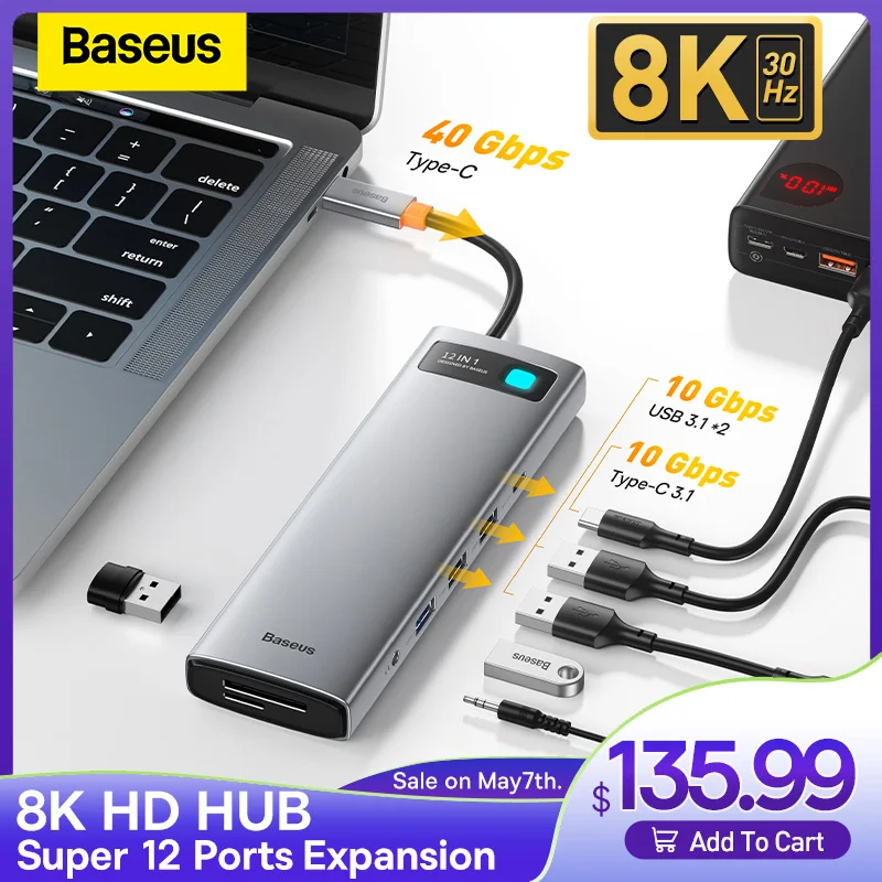 

Baseus 8K/30Hz USB C HUB Type C to HDMI-compatible USB 3.0 Adapter PD 100W DP RJ45 12 in 1 HUB Dock Station for MacBook Pro Air