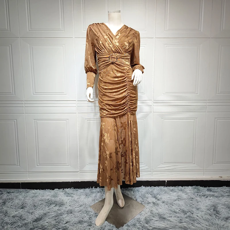Women's Muslim Long Sleeve Middle East Eid Dress 2022 V Neck Pleated Tight Ramadan Luxury Moroccan Arabic Evening Dresses Turkey