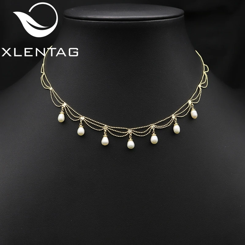 

XlentAg Shining Lace Tassel Bulb-Shaped Chain Natural Pearls Women Short Necklace Luxury Personality Popular Fashion Jewelry