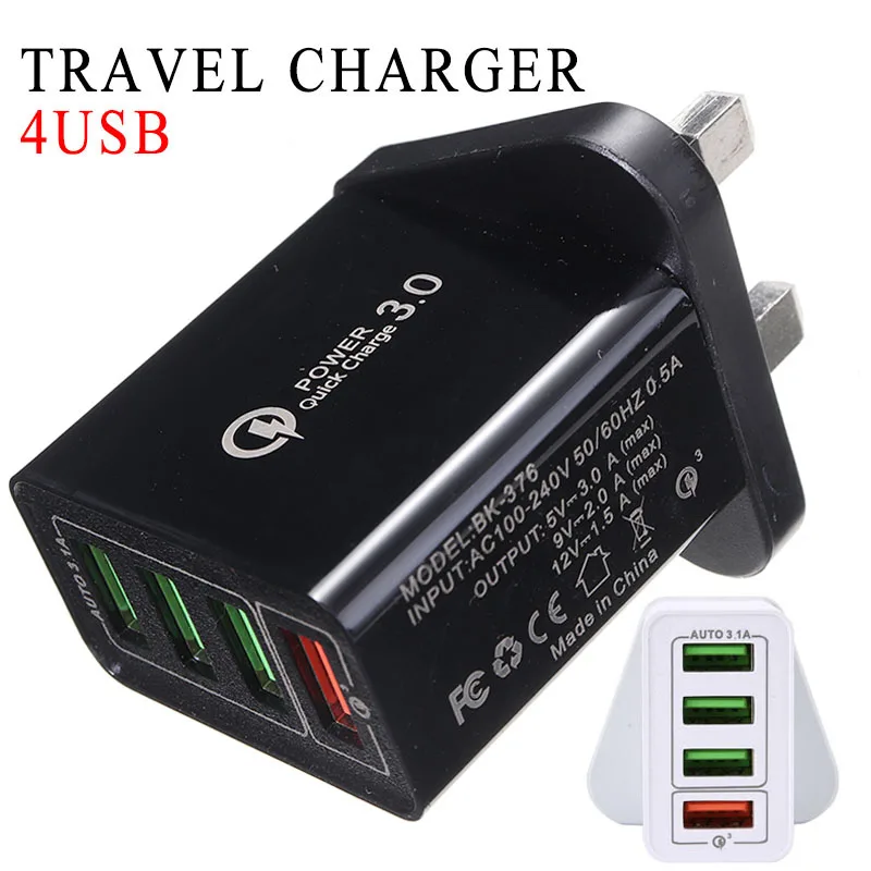 

1pc White/Black 4 Multi-Port USB Wall Charger QC3.0 Fast Charging Travel Chargers Portable Mobile Phone Adapter EU Plug