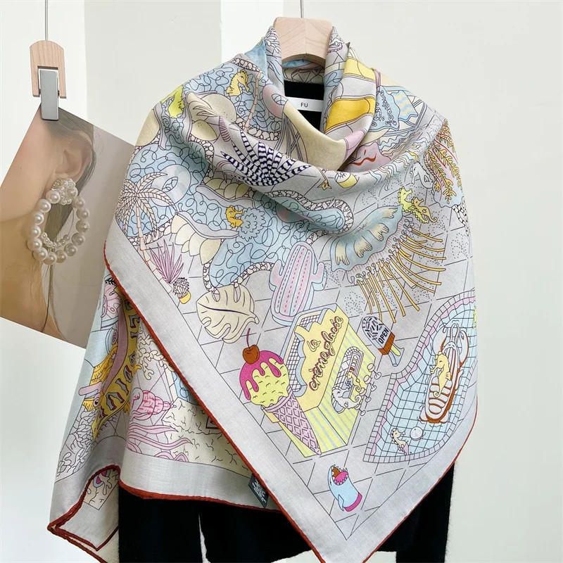 

Double-Sided Wool Blanket Scarf Shawl NEW Water Park Prints Women Winter Large Square Fashion Scarves Wraps Poncho 135*135cm