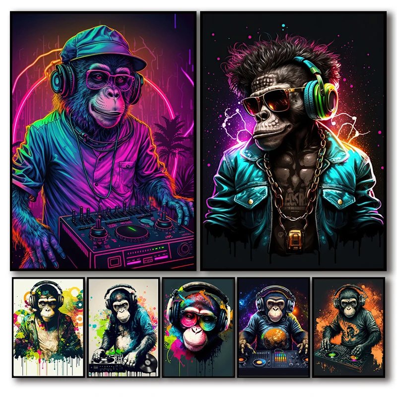 

Pop Monkey Headphone Dj Music Poster Aesthetics Neon Punk Orangutan Baboon Rock Disco Canvas Print Wall Art Home Bar Room Decor