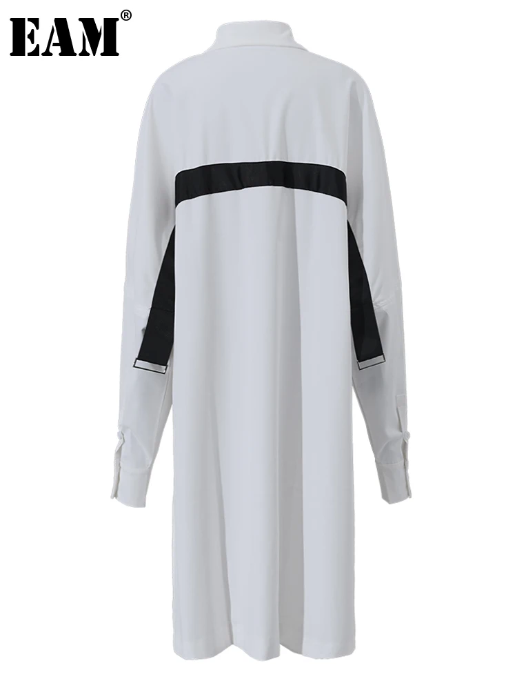 

[EAM] Women White LongDrawstring Big Size Shirt Dress New Lapel Long Sleeve Loose Fit Fashion Tide Spring Autumn 2023 1Z86700