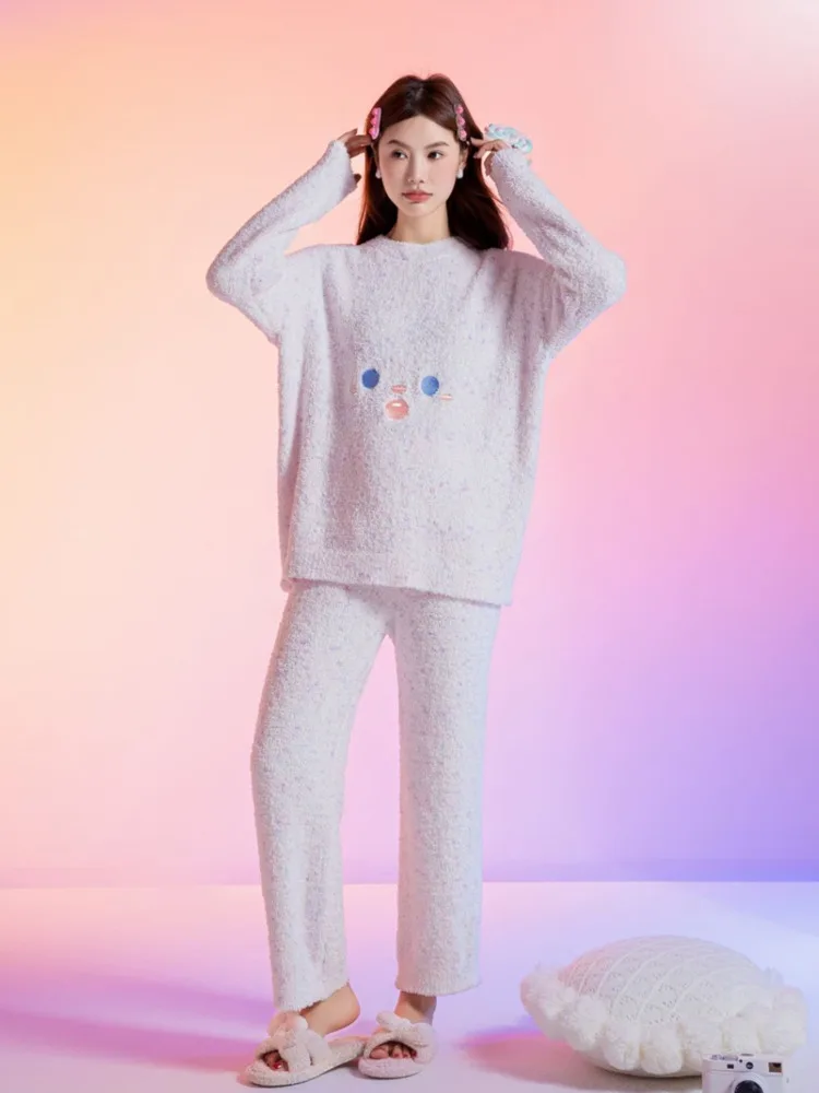 

[TXii Advanced Sense]Soft Half-side Velvet Pajamas Women's Autumn and Winter New Cute Student Home Clothes Suit for Outer Wear