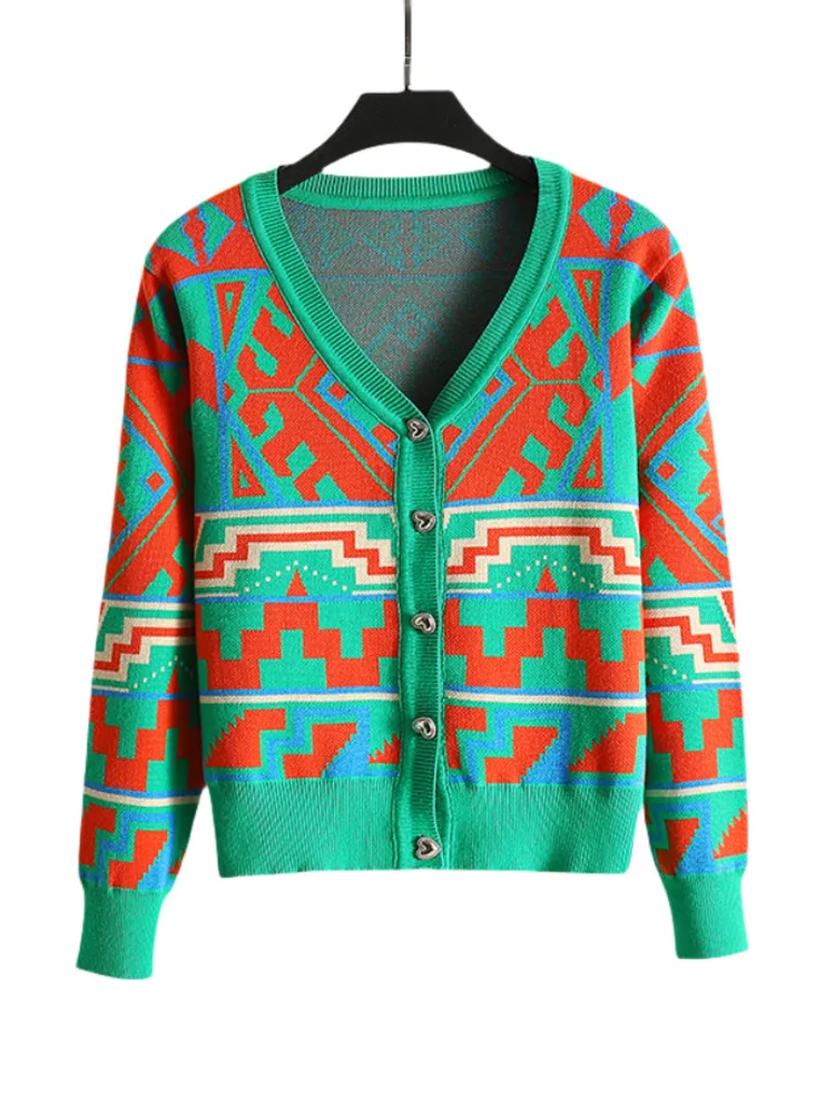 Женский винтажный жаккардовый Кардиган с длинным рукавом