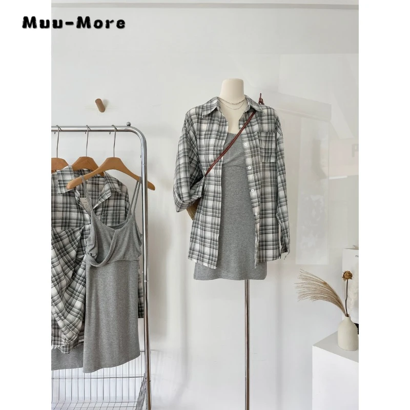 

2023 Women's Two Piece Set Tops Hecked Pocket Lapel Single Breasted Blouse+grey Dress for Women Loose Korean Casual Dress Sets