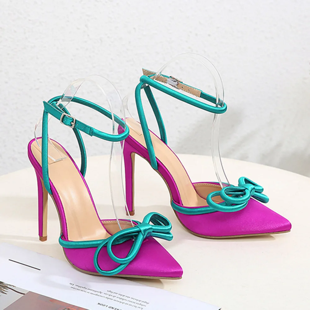 

2022 Summer New Baotou Pointed Bow String Color Hollow Thin Heel Large Walking Show High-heeled Sandals Women