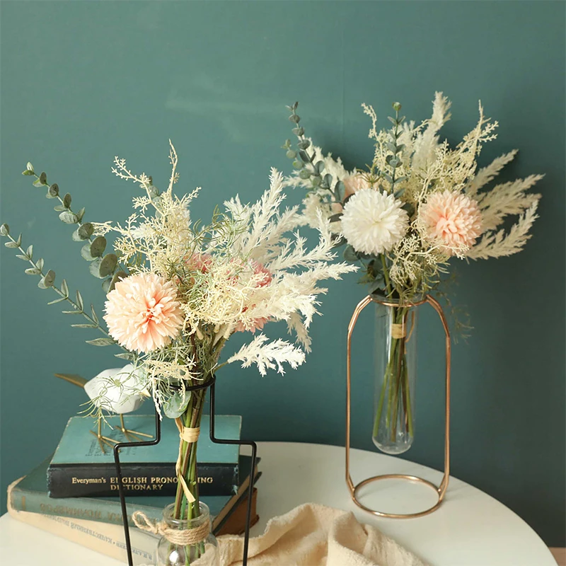 

Artificial Flowers Bride Eucalyptus Hybrid Bouquet White Wedding High Quality Silk Dandelion Fake Flowers Home Christmas Decor