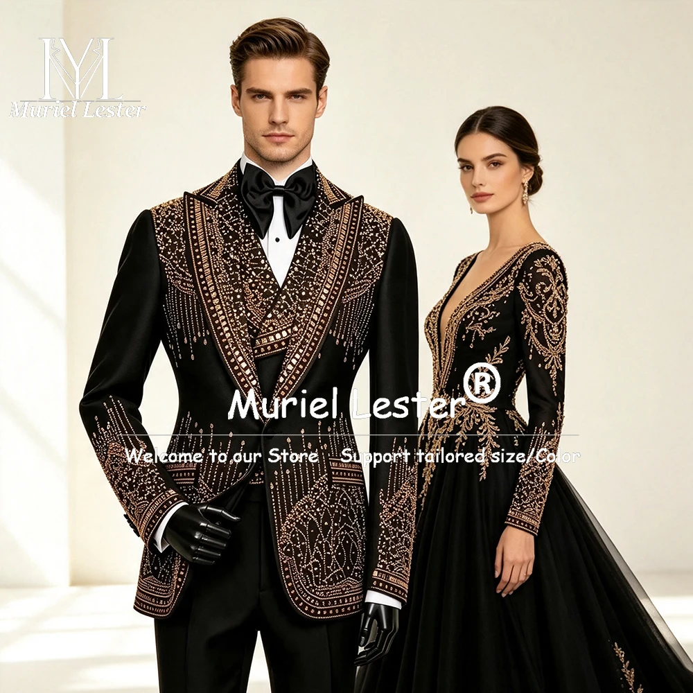 Фото Роскошные мужские костюмы, комплект из 3 предметов, украшенный металлическими камнями, свадебный пиджак для жениха, индивидуальный пошив, приталенный крой, Ropa Hombre №1
