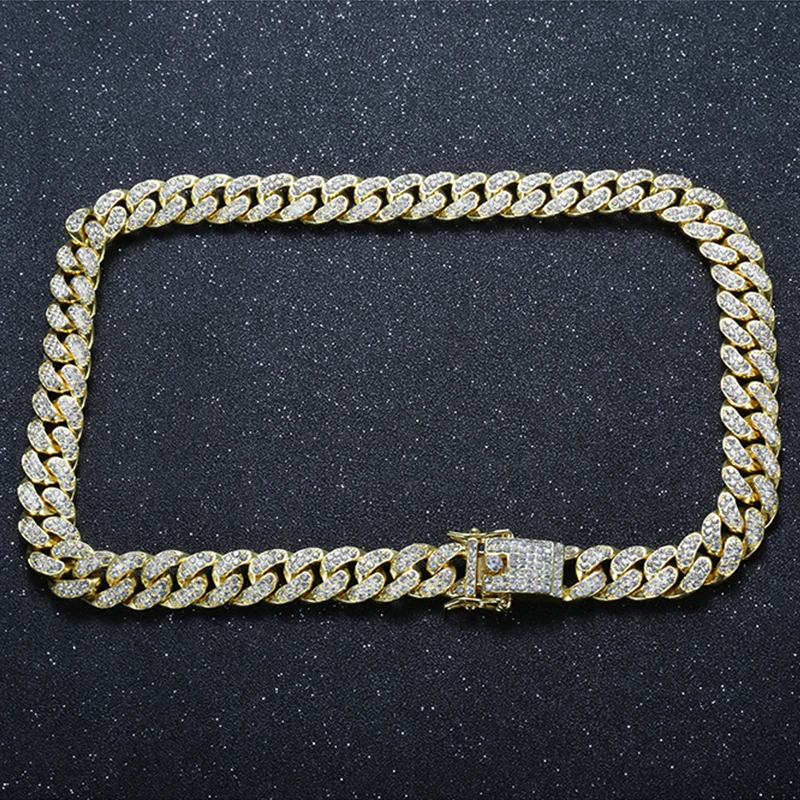

New Fashion Hip Hop Full Diamond Zircon Cuban Men And Women Cuban Chain Diamond Hypoallergenic Necklace 18k Gold Plated