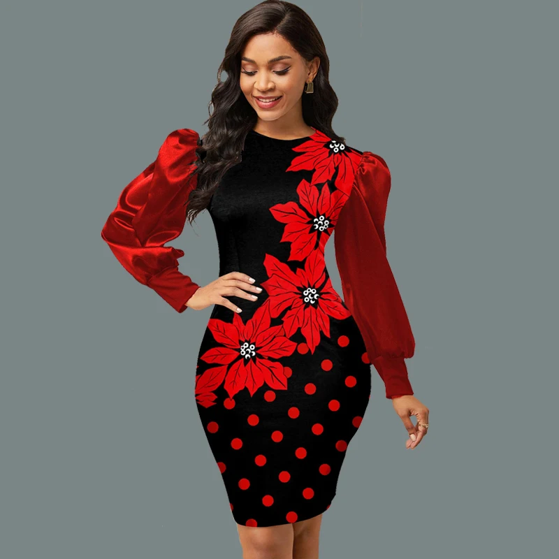 Party Dresses For Women 2022 Fashion Elegant Leopard Printed Puff Sleeve Bodycon Dress Women Autumn Vintage O Neck Slim Dress