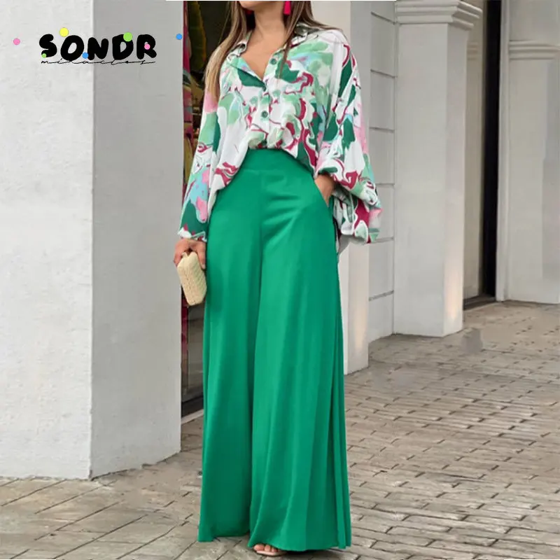 New Product 2022 Summer Loose Large Size S Fashion Casual Printed Commute Shirt, Wide Leg Pants, Two Pieces 2 piece sets womens
