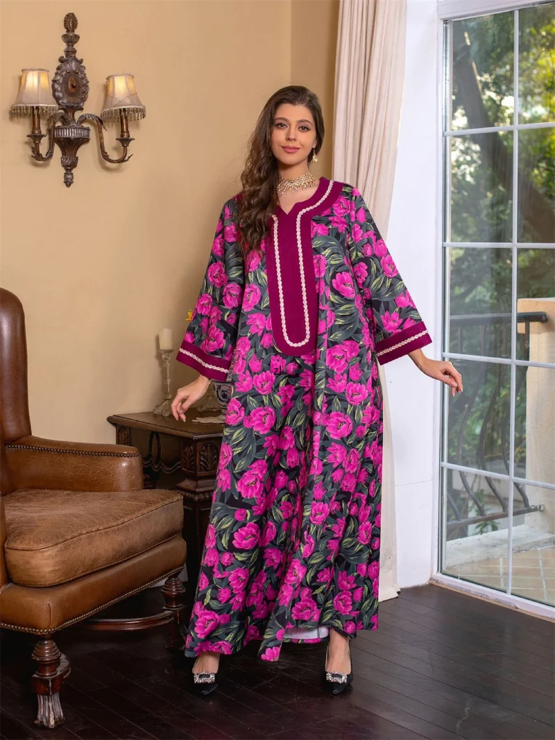Abaya Dubai Turkey Muslim Hijab Dress Floral Printed Dress Luxury Diamonds V-neck Patchwork Long Sleeve Ramadan Clothes Spring