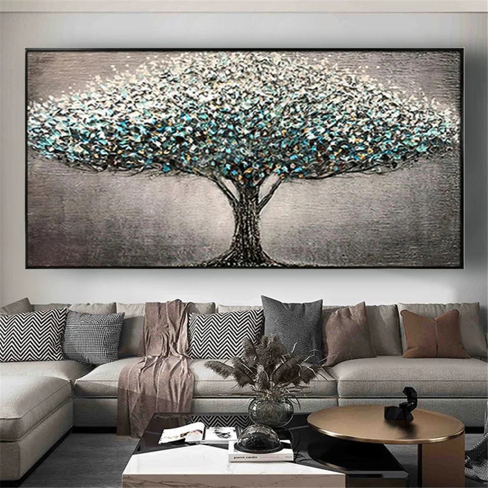 

Huge Green Blue Tree Paintings Hand Painted Modern Textured Palette Knife Oil Painting On Canvas Large Tree Wall Art Decoration