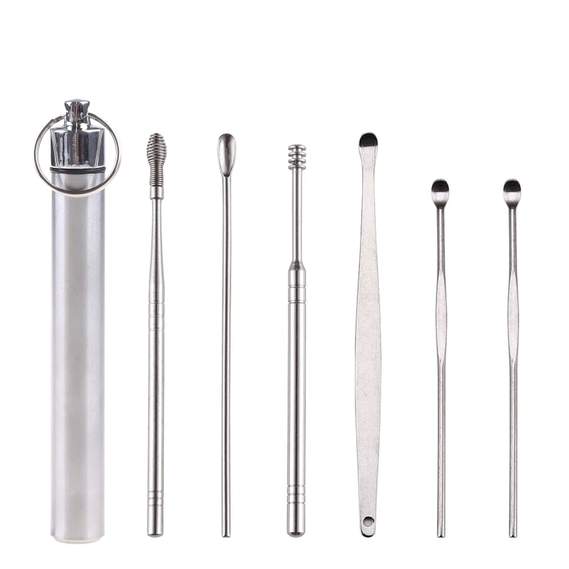 

6x Pocket Spring Ear Wax Removal Kit Reusable Keychain Box Pendant Ear Pick Set