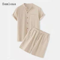 samlona 2022 summer new fashion two piece outfits men short sleeve notched top and shorts set khaki blue casual tracksuit sets