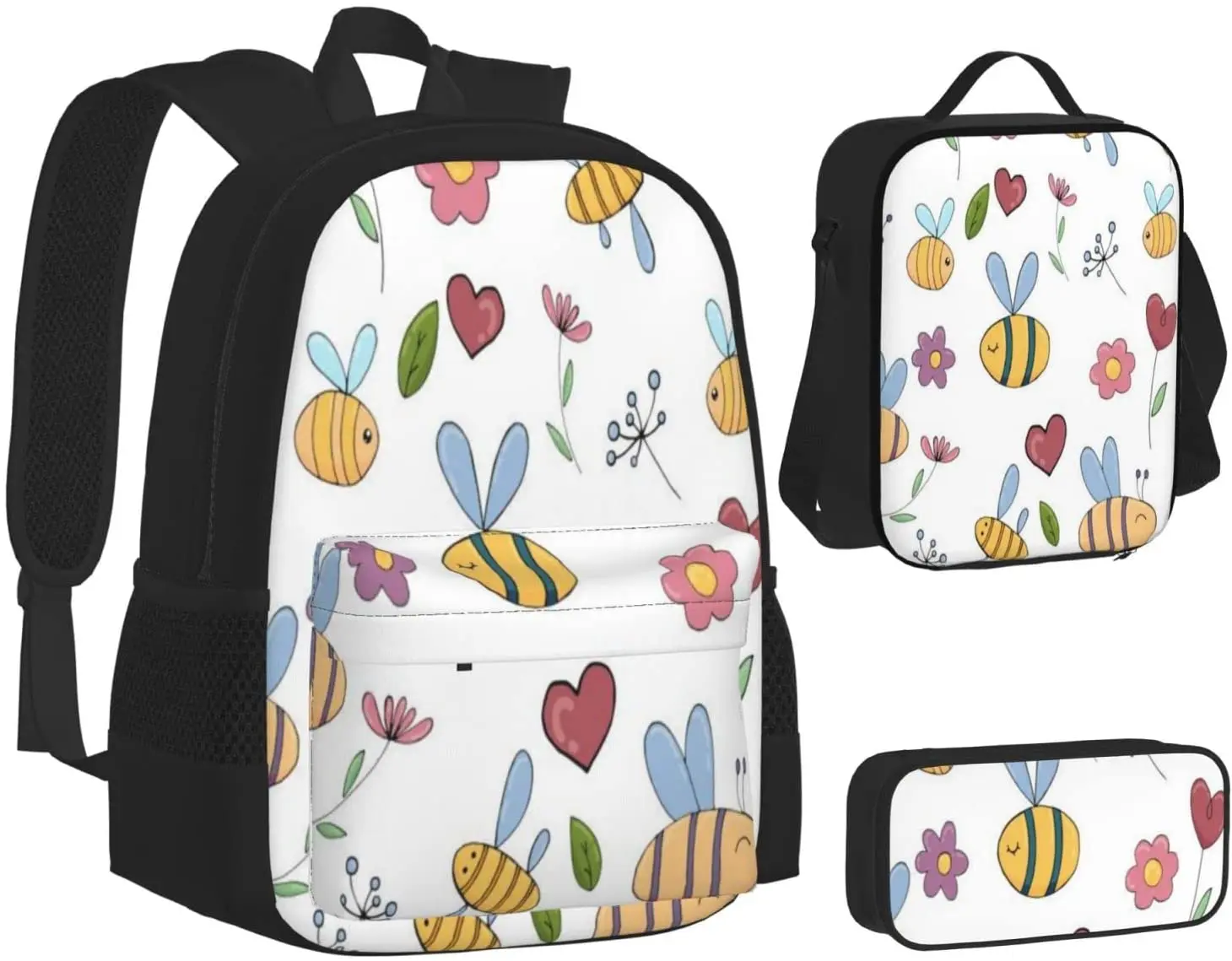 Backpack Funny Bee Bumblebee Yellow Schoolbag Travel Bag Casual Daypack Lunch Bag Pencil Case for Boys Teens Girls 3pcs Sets