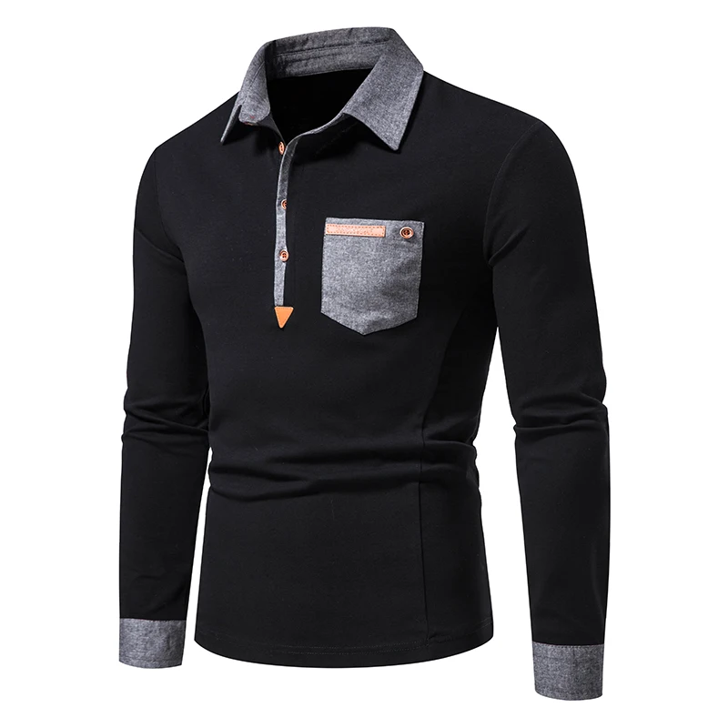 

2022 New Man Lapel Casual Long Sleeve T-shirts Sloid Color Pocket Breathable Indoor Outdoor Leisure Lapel T-shirts