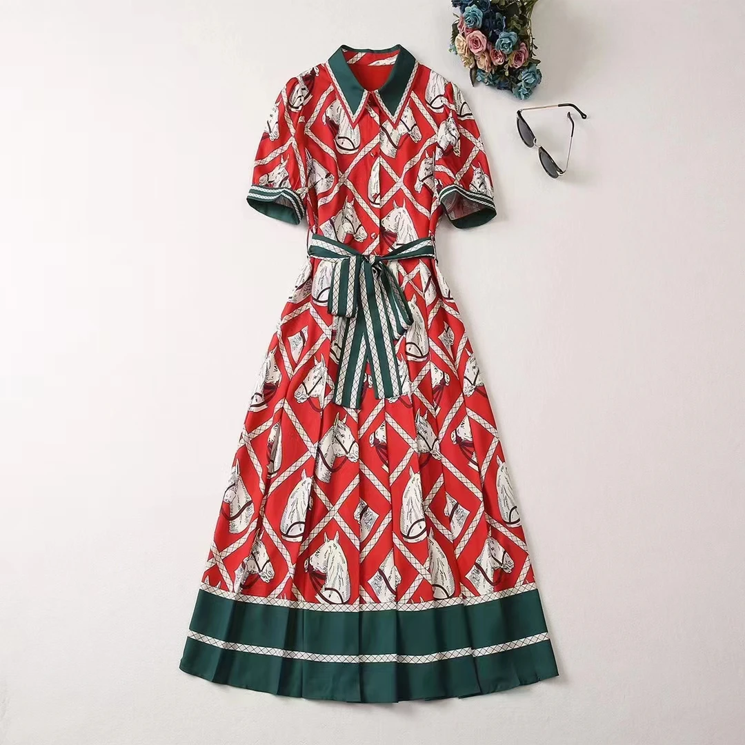 European and American women's clothes 2023 summer new Short sleeve lapel red horse print Fashion Belt Pleated Dress XXL