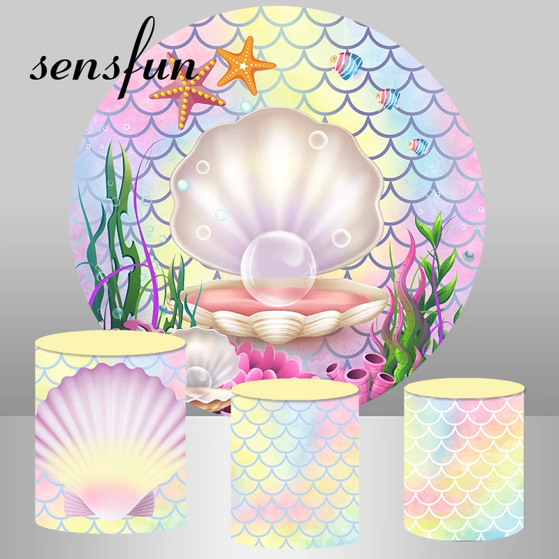 

Under The Sea Pear Mussel Round Backdrop Cover Princess Girl Little Mermaid Theme Birthday Party Background Plinth Cover Elastic