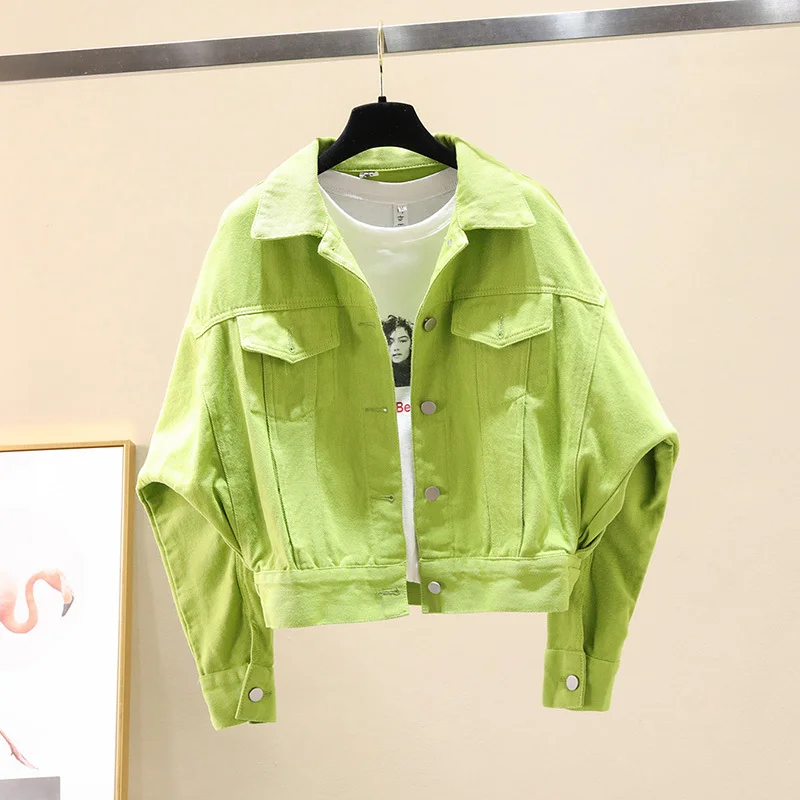 

Spring Autumn Fashion Green White Denim Jacket Coat Women Slim Short Multicolor Cowboy Outerwear Long Sleeve Jeans Jacket Female
