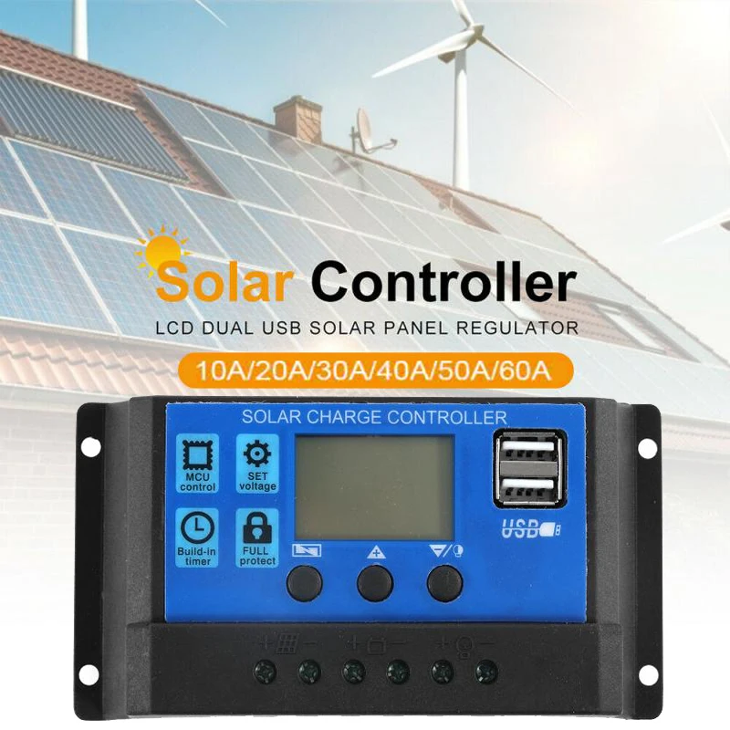 

60A/50A/40A/30A/20A/10A 12V 24V Auto Solar Charge Controller PWM Controllers LCD Dual USB 5V Output Solar Panel PV Regulator