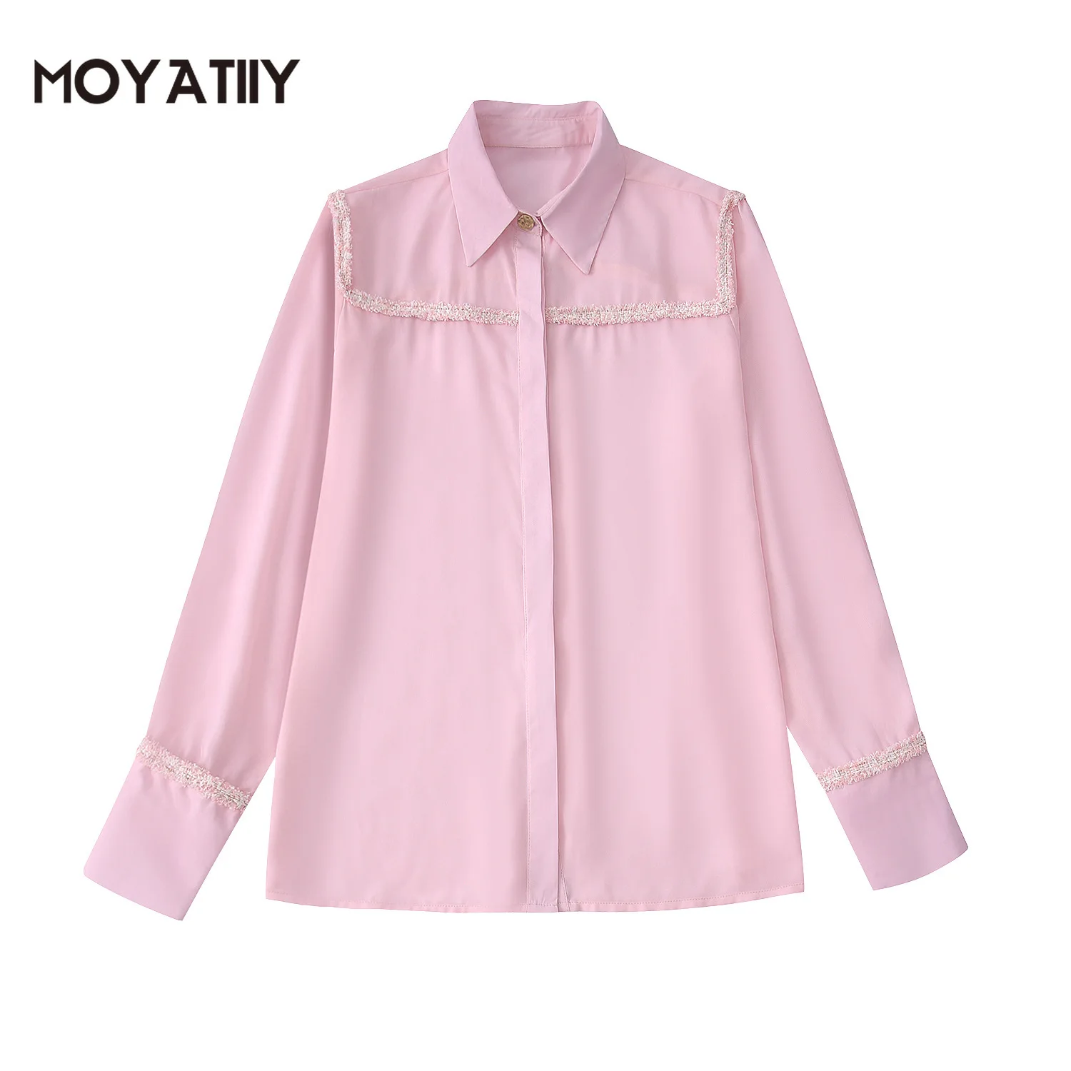 

MOYATIIY Women 2022 Fashion Spring Pink Shirts Casual Embroidery Design Patchwork Blouse Shirts Long Sleeve Female Tops
