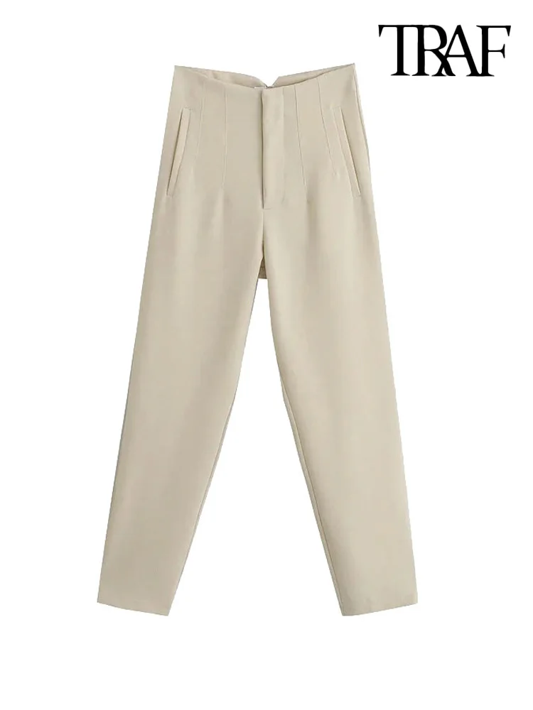 TRAF Women Chic Fashion With Seam Detail Office Wear Pants Vintage High Waist Zipper Fly Female Ankle Trousers Mujer