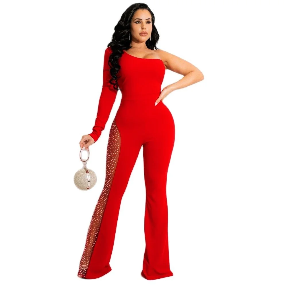 

Cutubly Women Solid Diamonds Wide Leg Pants Rompers And Playsuits One Shouler Jumpsuit Elegant Slash Neck Party Overalls Outfit