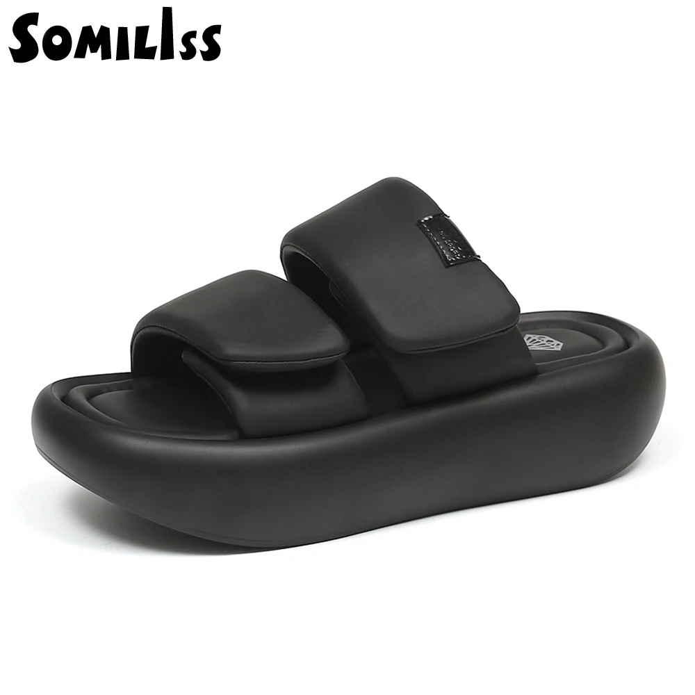 SOMILISS Summer Platform Sandal Women Slipper Hook And Loop Fastener Environmental Microfiber Leather Lady Flat Casual Shoes