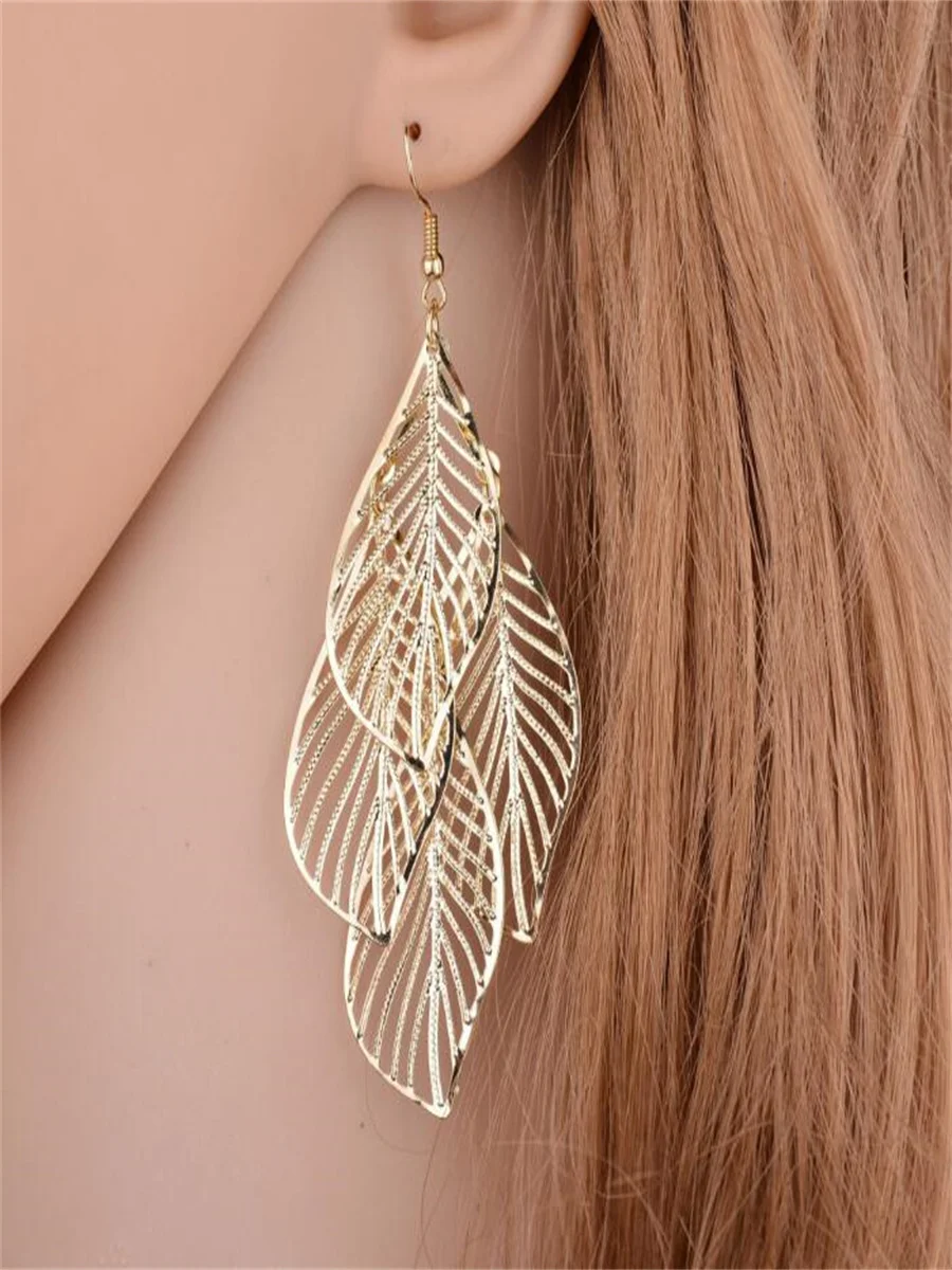 

Simple exaggerated leaf earrings, multi-layer metal openwork leaf jewelry earrings
