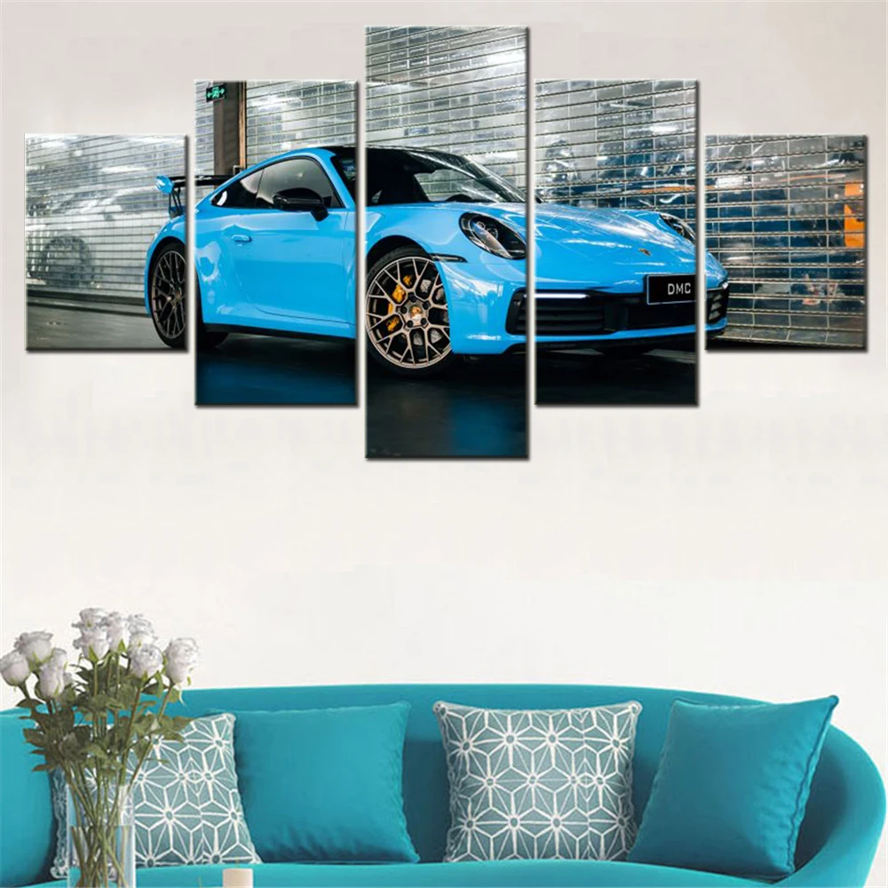 

5 Pieces Wall Art Canvas Poster Blue Porscher Car 911 Carrera GT3 RS Painting Living Room Picture Print Bedroom Home Decoration