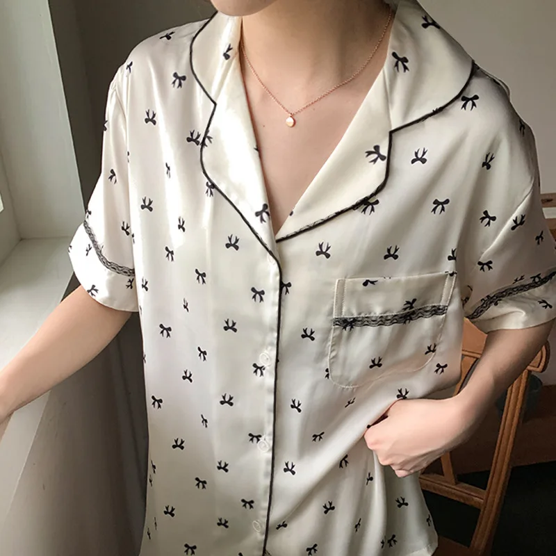 Summer Pajamas Women's Lace Ruffled Short Sleeves Full Printed Bow Home Wear Lapel Cardigan Suit Women's Pajamas