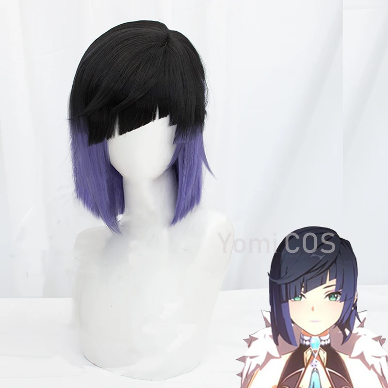 

Genshin Impact Yelan Cosplay Wig 35cm Short Black Purple Gradient Wig Cosplay Anime Cosplay Wigs Heat Resistant Synthetic Wigs