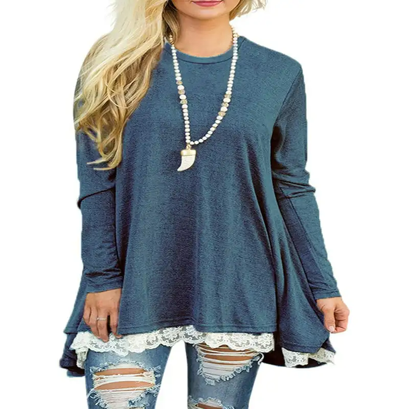 

Size Long Sleeve Blouse Lace Splicing Shirt Pullover Swing Tunic Tops for Women