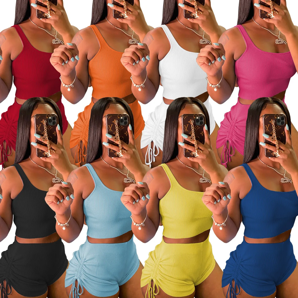 

Sexy vest shorts two-piece fashion sling sports yoga clothes solid color pit strip open back wrinkled with tie rope 2-piece set
