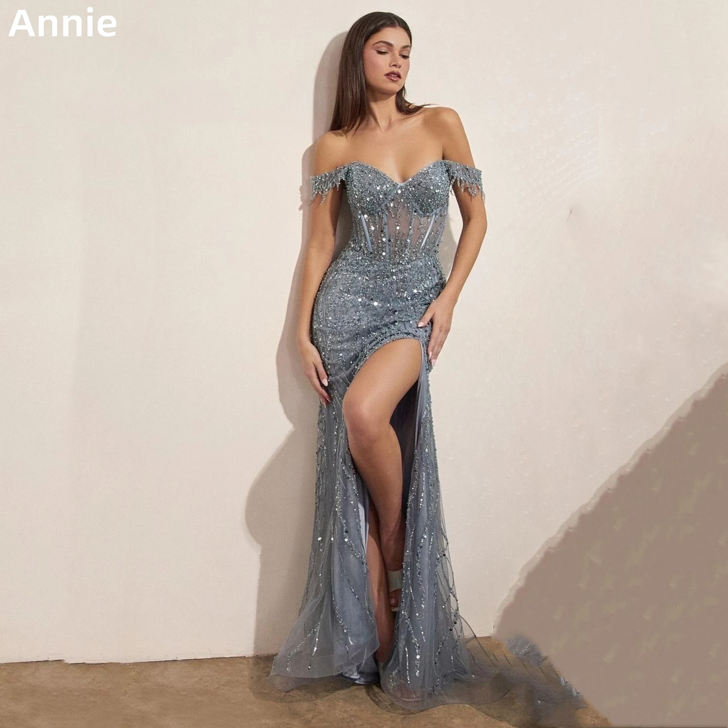 

Handmade Sequins Prom Dresses Strapless Mermaid Party Dresses Sexy Side Slit Evening Dress Grey 2023 فساتين سهرة عربية