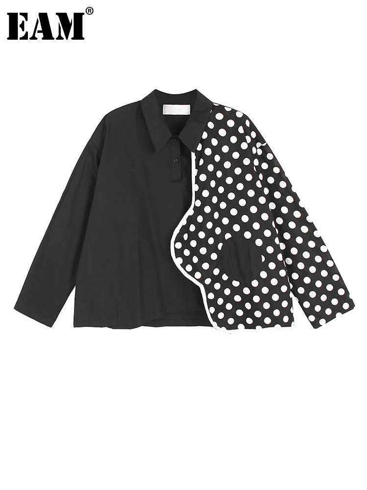 

[EAM] Women Black Dot Printed Big Size Blouse New Lapel Long Sleeve Loose Fit Shirt Fashion Tide Spring Autumn 2022 1DF0606