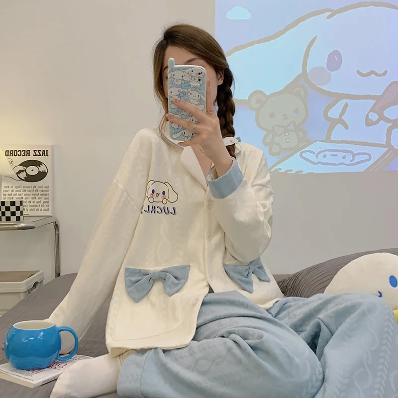 

Sanrio Cinnamoroll Kawaii милые Мультяшные пижамы для девочек аниме Домашняя одежда тонкий стиль комплект из двух частей с длинным рукавом брюки пижамы подарок