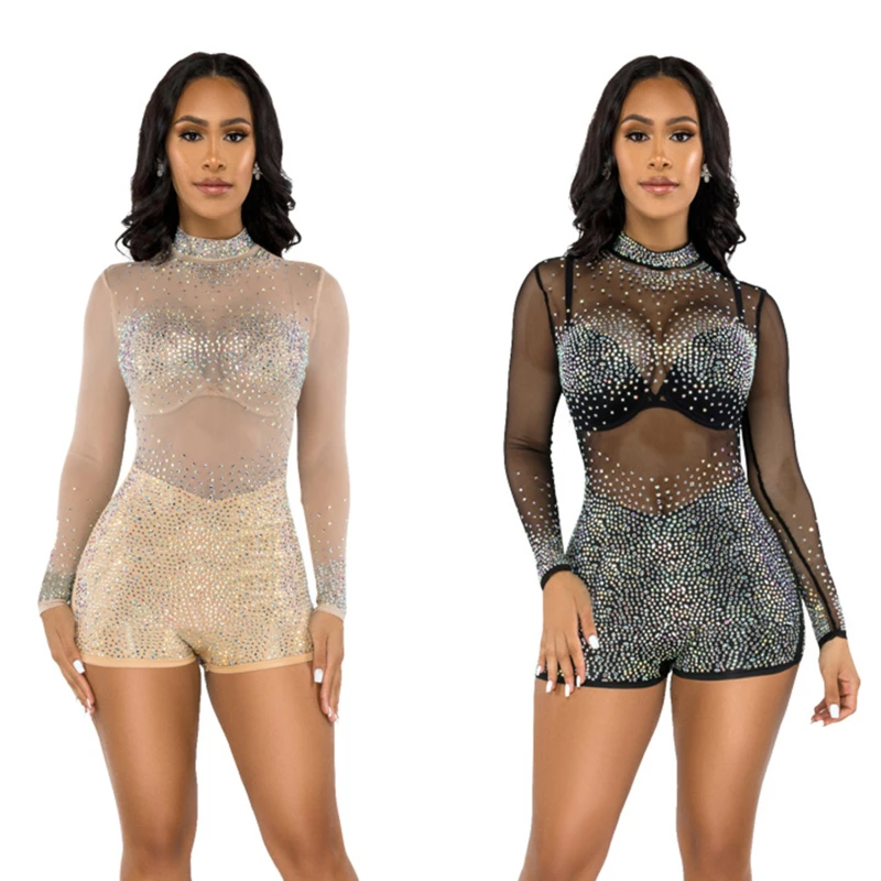 

2023 New See Through Crystal Jumpsuits Summer Sheer Mesh Patchwork Rhinestone Details Short Romper Bodysuit Outfits Playsuit