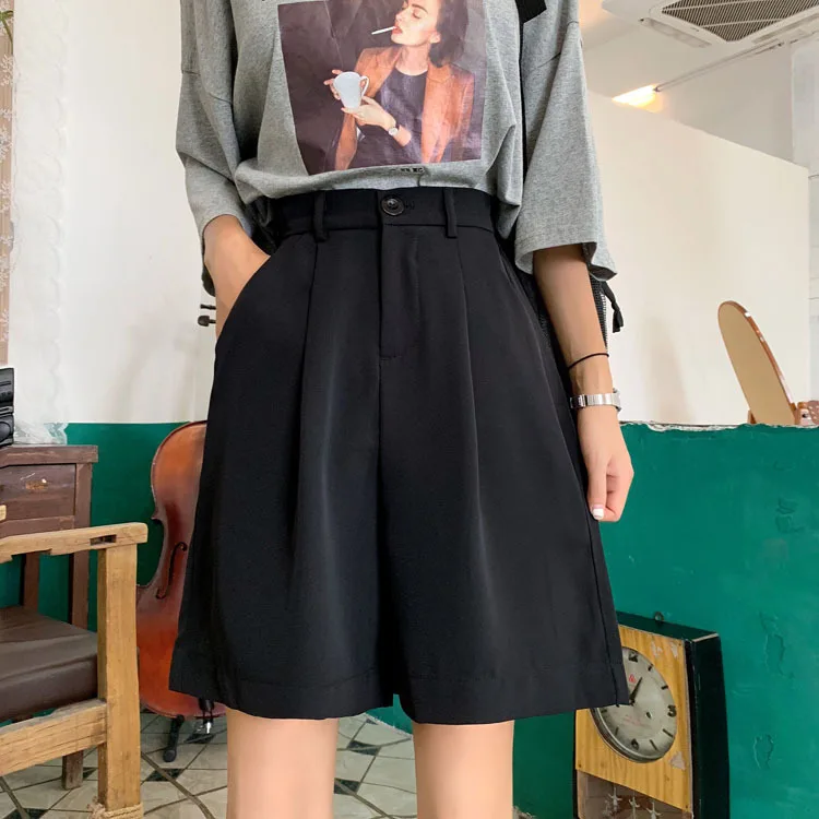

Summer New Style Black High Waist Straight Leg Suit Pants Women Loose Summer Casual Wide Leg Shorts Women