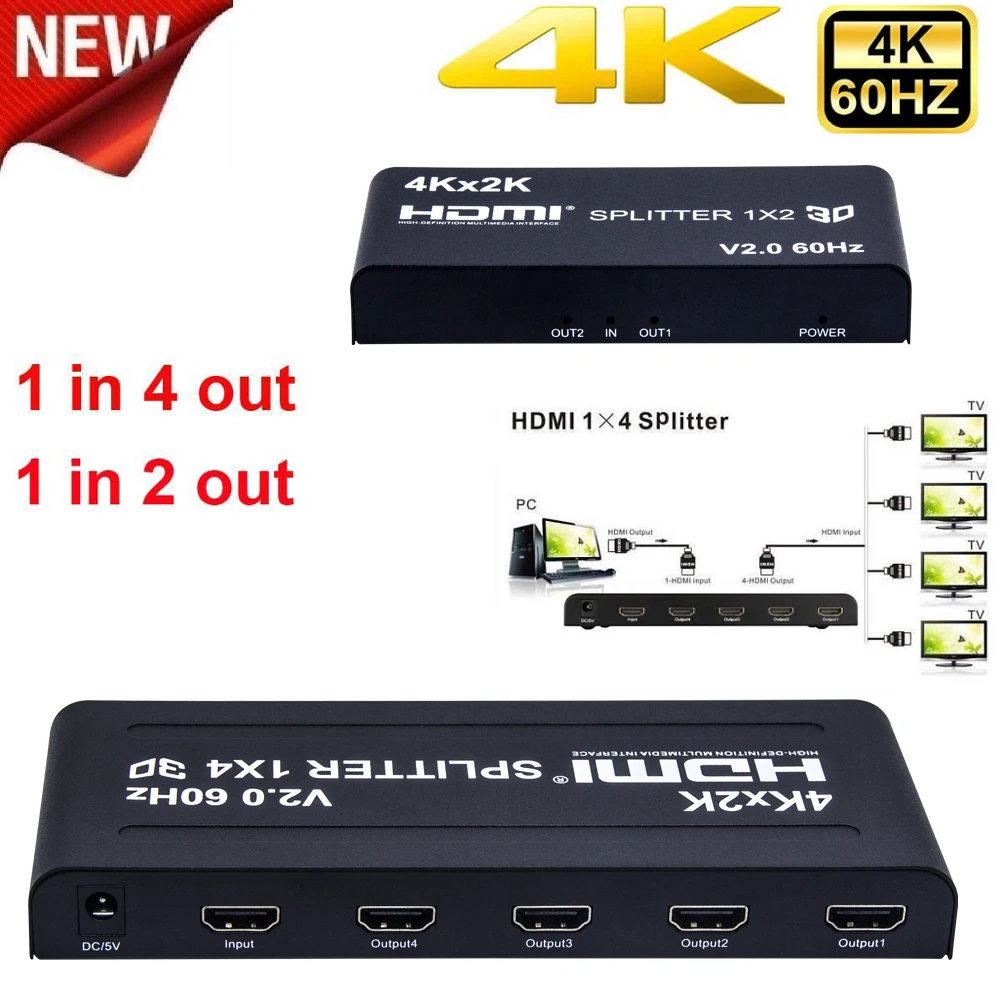 

4K 60Hz HDMI Splitter 1x2 1x4 HDMI 2.0 Splitter 4Kx2k HDMI Splitter 1 In 2 Out / 4 Out Video Converter for PS4 STB DVD PC To TV