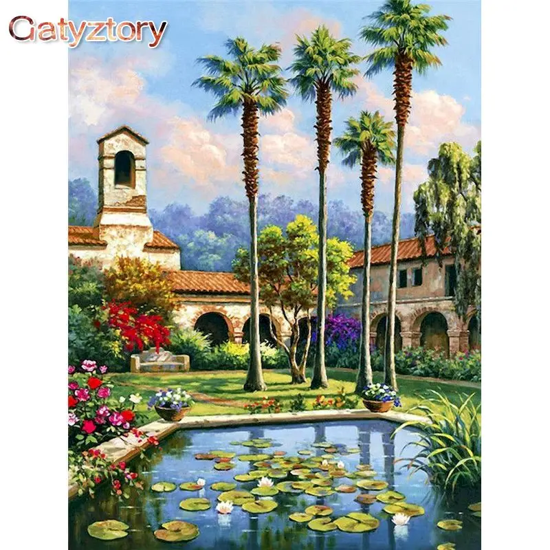

GATYZTORY Acrylic Painting by numbers Unframe Canvas painting Villa Backyard Scenery DIY Pictures by numbers Artwork Home decor