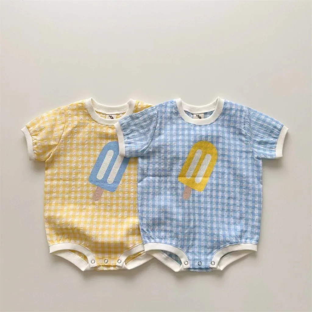 

Summer Newborn Boy Girl Ice Cream Print Romper Infant Plaid Short Sleeves Onesie Baby Cotton Thin Casual Bodysuit Infant Clothes