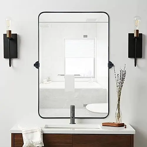 

Brushed Nickel Metal Framed Rectangular Pivoting Bathroom Mirror, Tilting Rounded Rectangle Vanity Mirror for WALL Mount