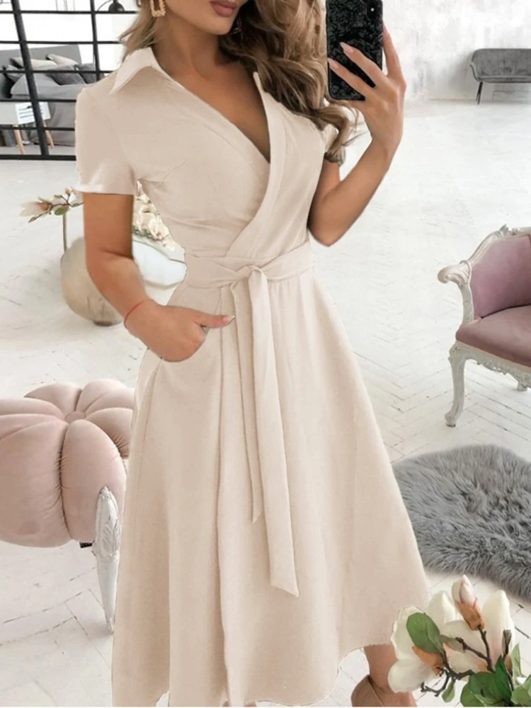 

Sexy Dress V-neck Short Sleeve High Waist Solid Color Summer Birthday Dress for Women Elegance Fashion Women Clothing Streetwear